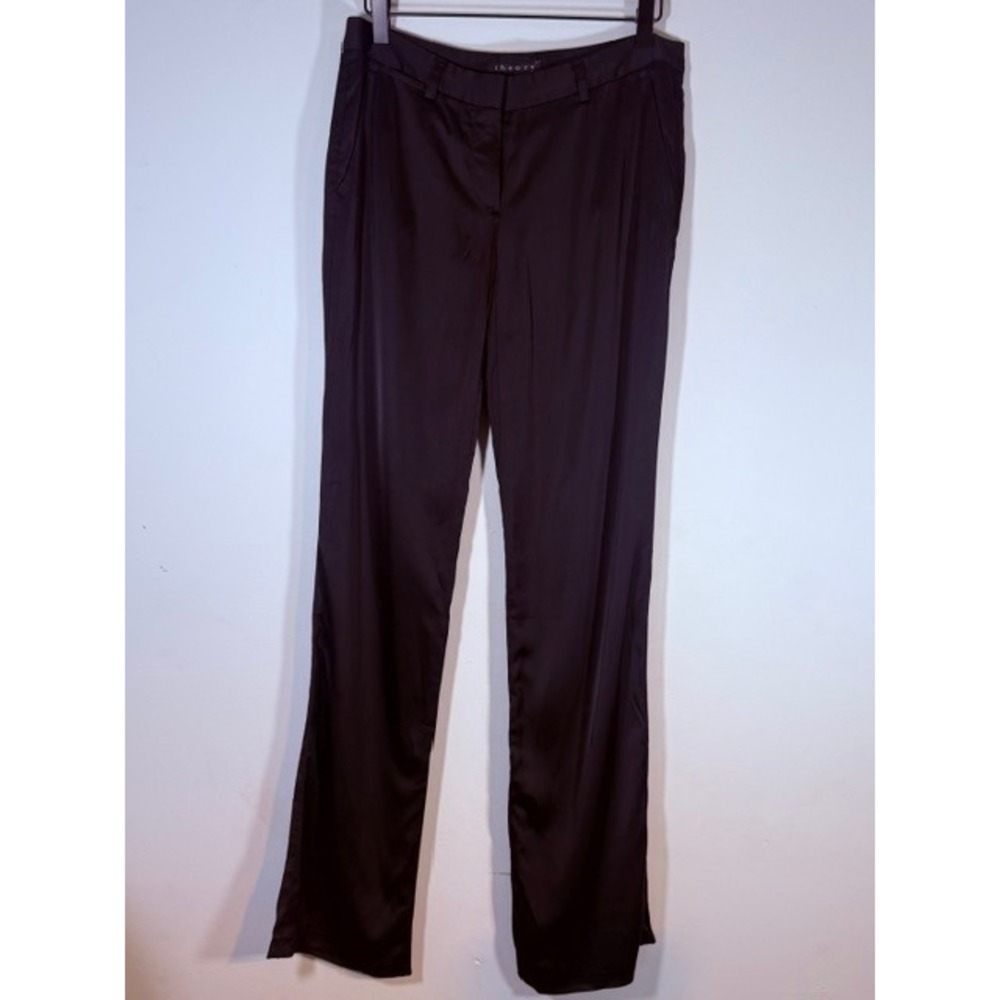Theory Viscose Satin Straight Leg Trouser Size 6 Black Made in USA